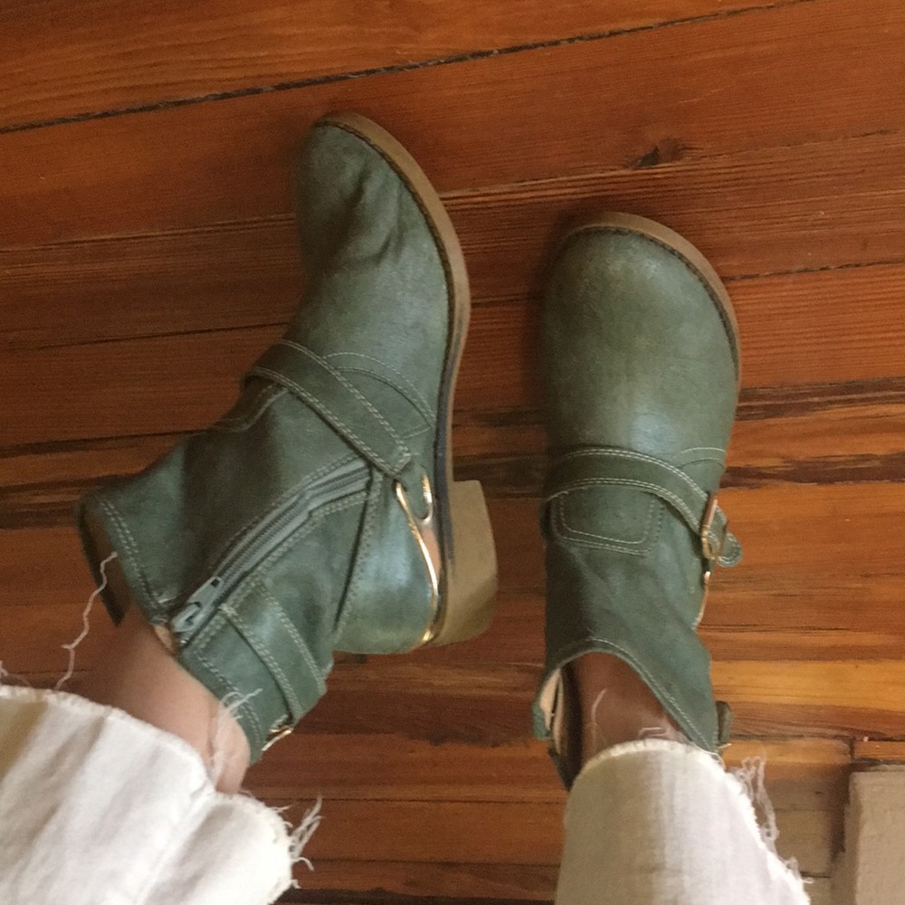Dusky Green Booties w/ Gold Trim